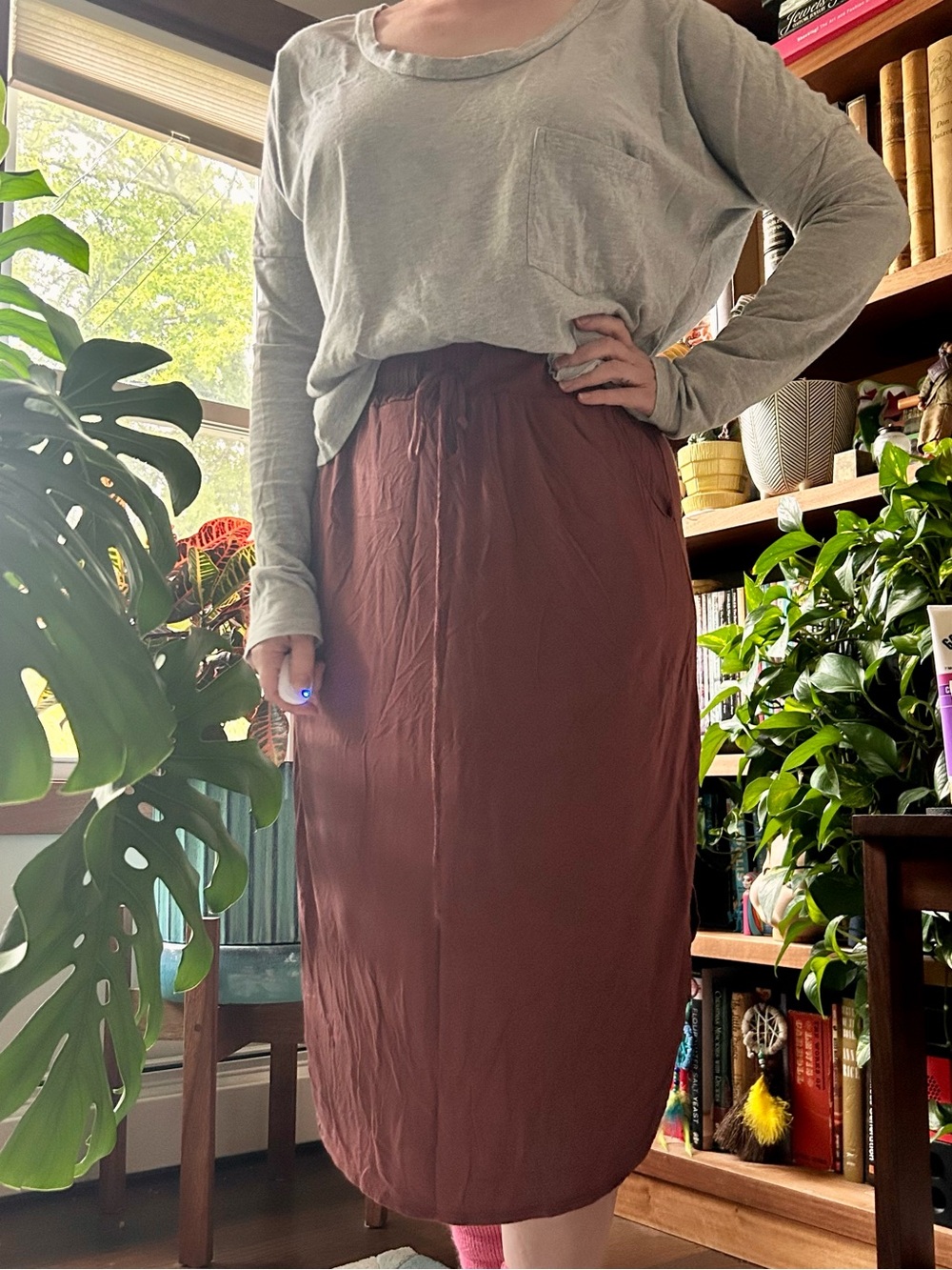Sozy Camila Women’s Rust Brown Midi Drawstring Skirt in Brick Size Medium